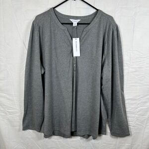 Liz Claiborne Womens 2X Smoke Heather Metallic Henley Long Sleeve Top NWT